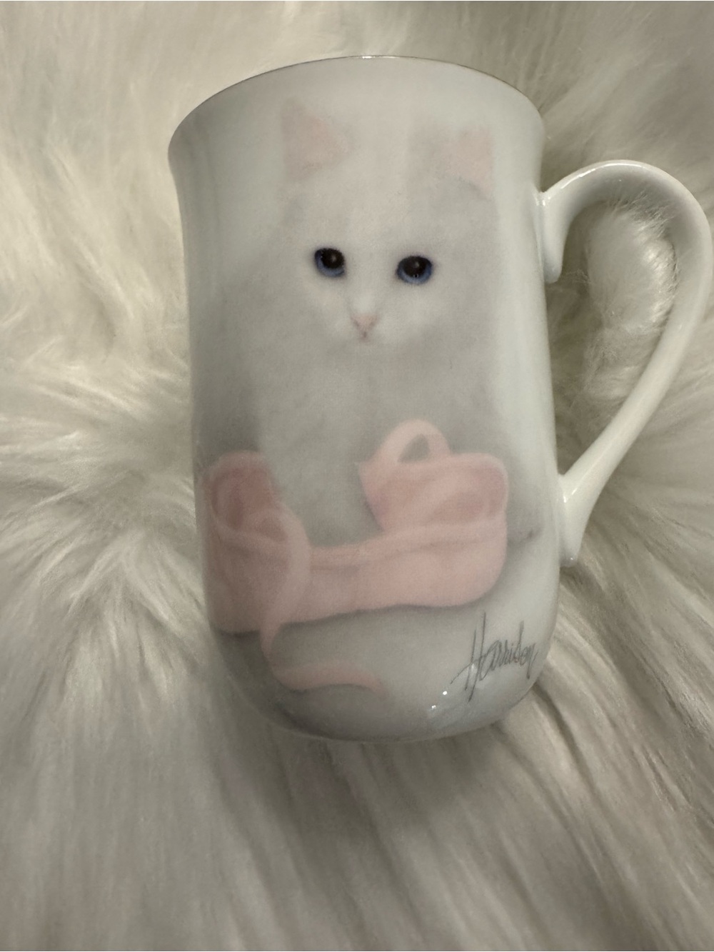 Vintage Otagiri Bob Harrison White Kitten Mug with Pink Ribbon